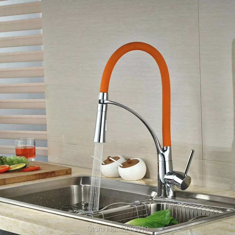 

Uythner Newly Chrome Plate w/ Orange Basin Faucet Pull Down Spout Kitchen Sink Mixer Faucet Tap Single Hole