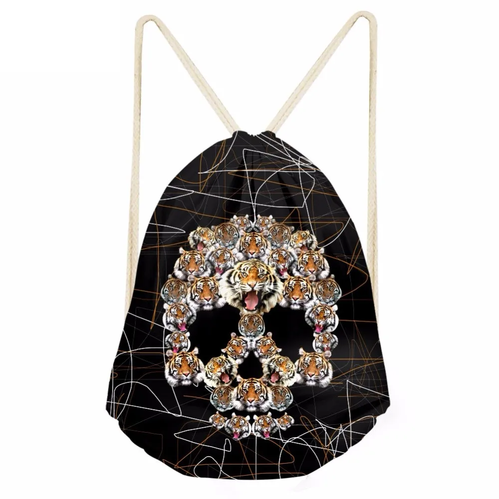 Fashion Men Drawstrings Bags Creative 3D Tiger Skull Head Printing Teen Boys Storage Backpacks Travel Punch