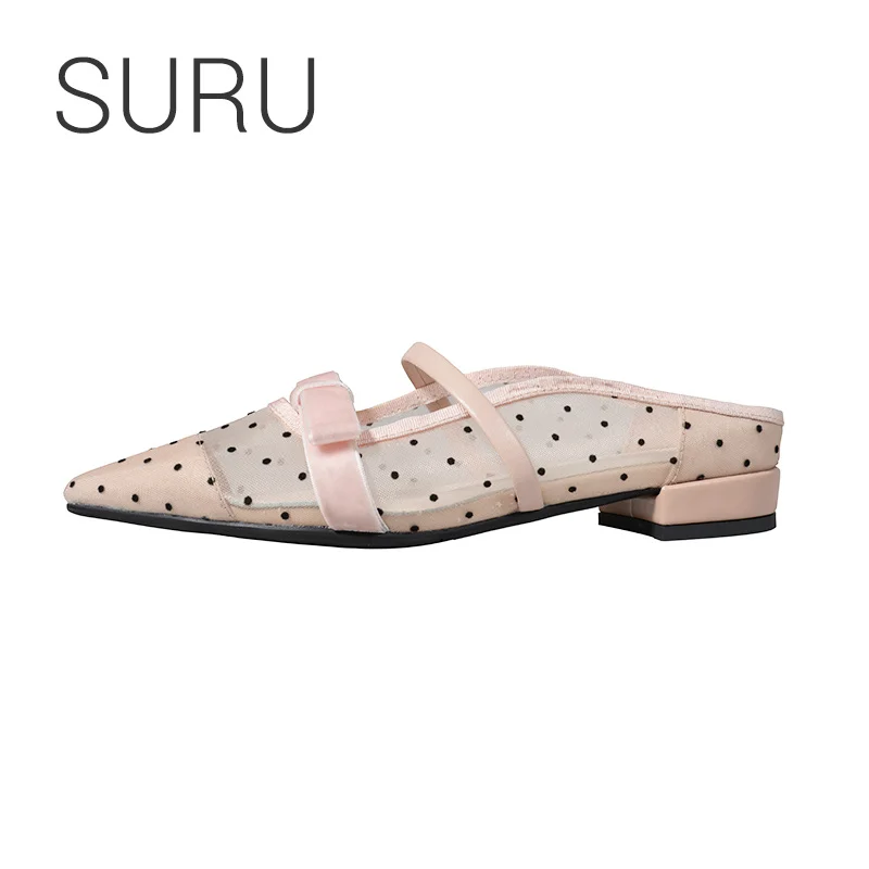 

SURU Dot Mesh butterfly knot Details Mules Shoes Women Pointed Toe Low Heel Pumps Size 34-39