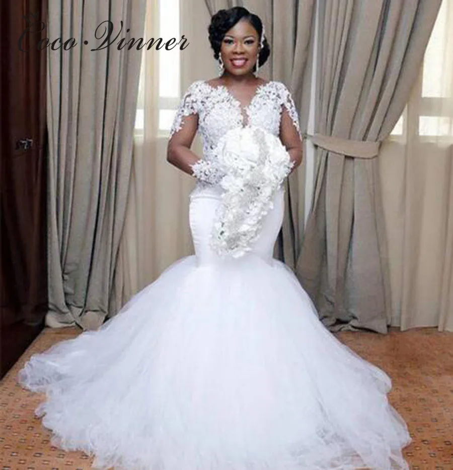 

V neck Long Illusion Sleeve Tulle Mermaid Wedding Dresses 2019 Embroidery Appliques Custom Made Pure White Wedding Dress W0364