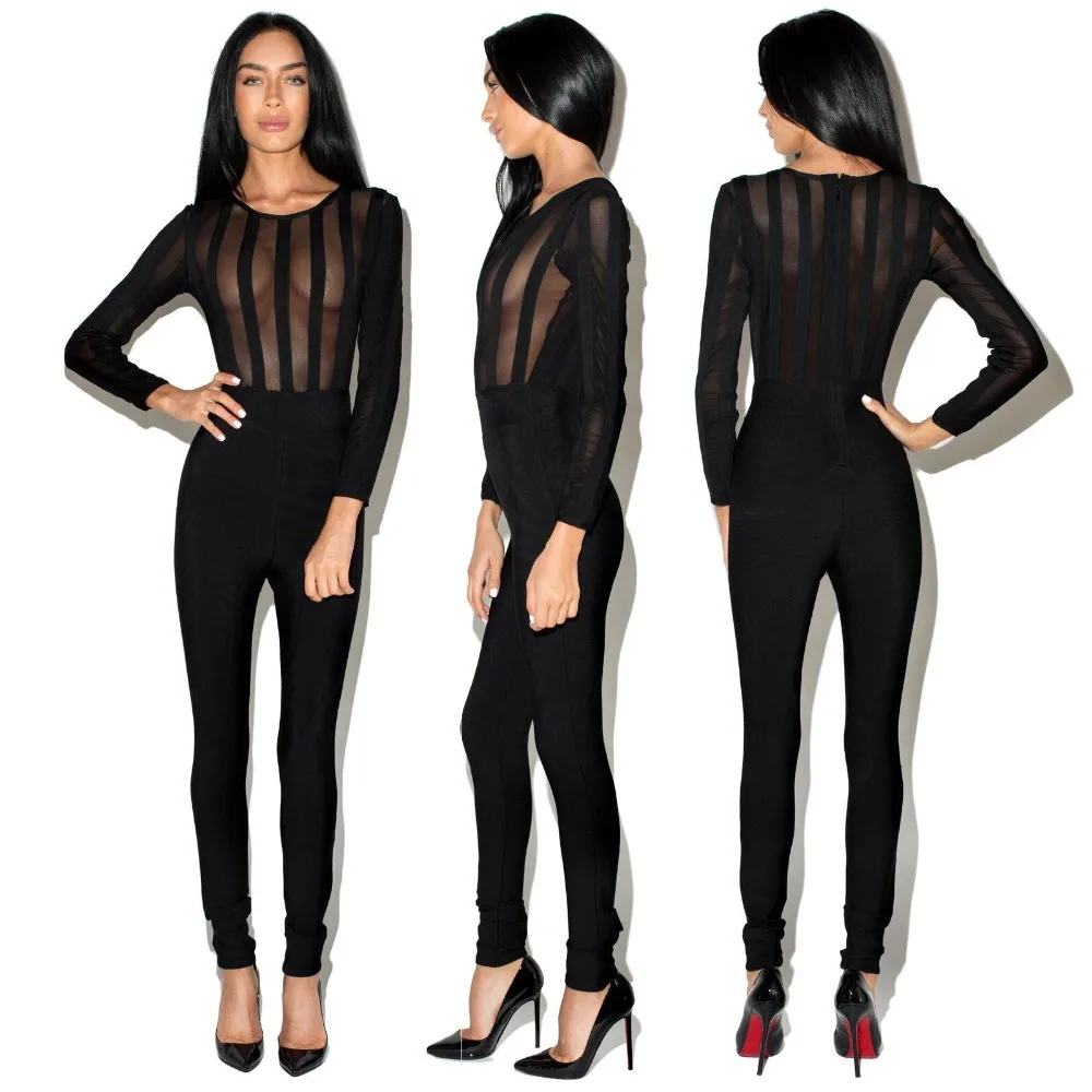 Европейская мода стильный черный комбинезон Женщины комбинезон сетка бинты боди Женщины Клубная одежда Playsuit W6177