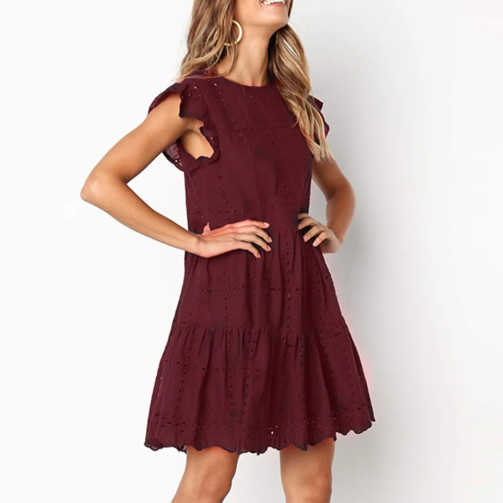 Hollow Out Ruched A-Line mini dress woman Ruffles Sleeve beach dress woman basic O-Neck dresses summer sukienka vestidos #G6 Hollow Out Ruched A-Line mini dress woman Ruffles Sleeve beach dress woman basic O-Neck dresses summer sukienka vestidos #G6