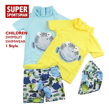 

Children Cartoon Fish Swimsuit Kids Girl Beach Wear Rashguard Swimwear Baby Boy Swiming Bathing Hat+Shorts Surfing Swim Suit Set