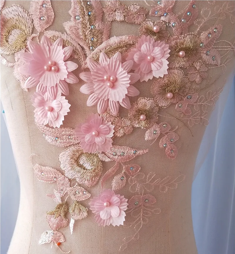 

2 pc /lot Pink 3D blossom pearl beaded lace applique for ballet, dance costumes , belly dance costumes