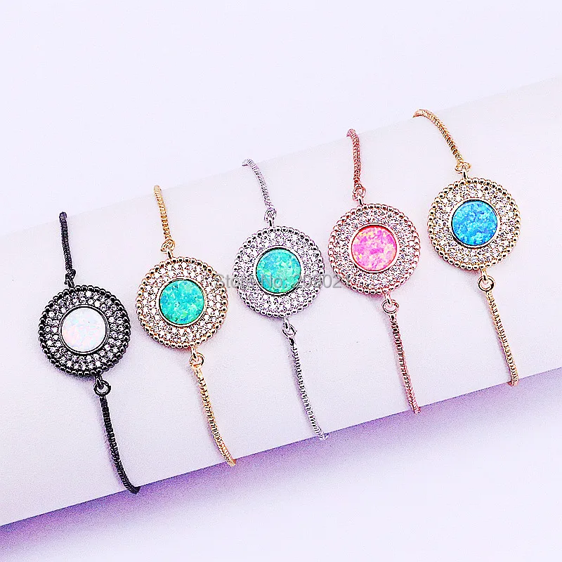 8Pcs Micro Pave CZ Round Rainbow Opal Charm Connector Bracelets slide