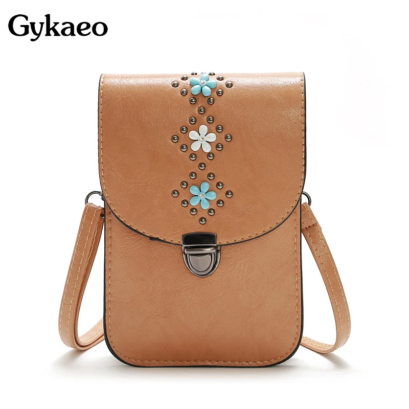 

Gykaeo Summer 2019 New Casual Sweet Women Flower Mini Mobile Phone Crossbody Bag Ladies PU Leather Rivet Floral Shoulder Bag