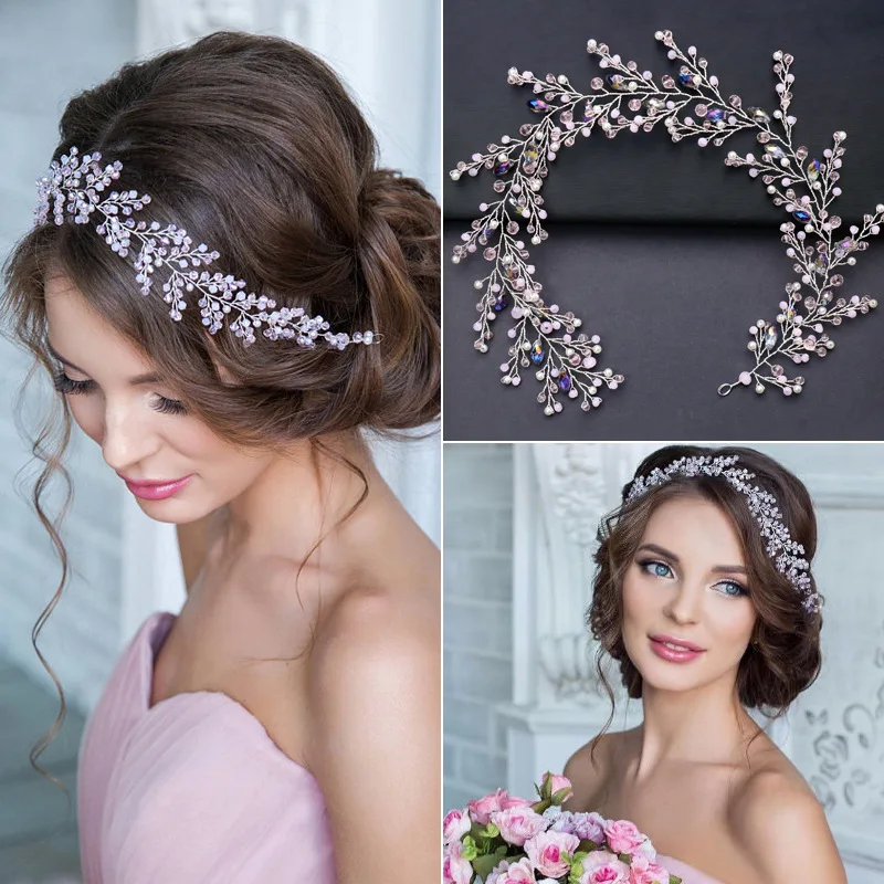 

Luxury Pink Crystal Beads Headbands Rhinestone Pearl Tiaras Crown Headpieces Handmade Bridal Hairbands Wedding Hair Accessories