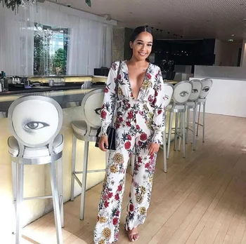 

European and American new v-neck print casual one-piece wide-leg pants ladies H9505 Fashion ladies dress sexy jumpsuit for women
