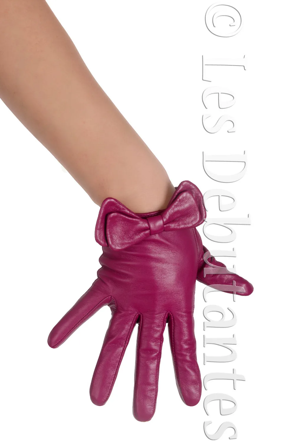 Женские темно-розовые кожаные перчатки с бантом