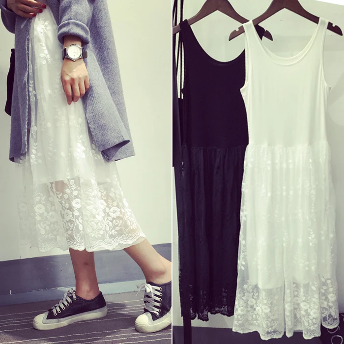 

New spring and summer 2016 Korean college wind to a bottoming s Fashion Lace stitching in the long Camisole