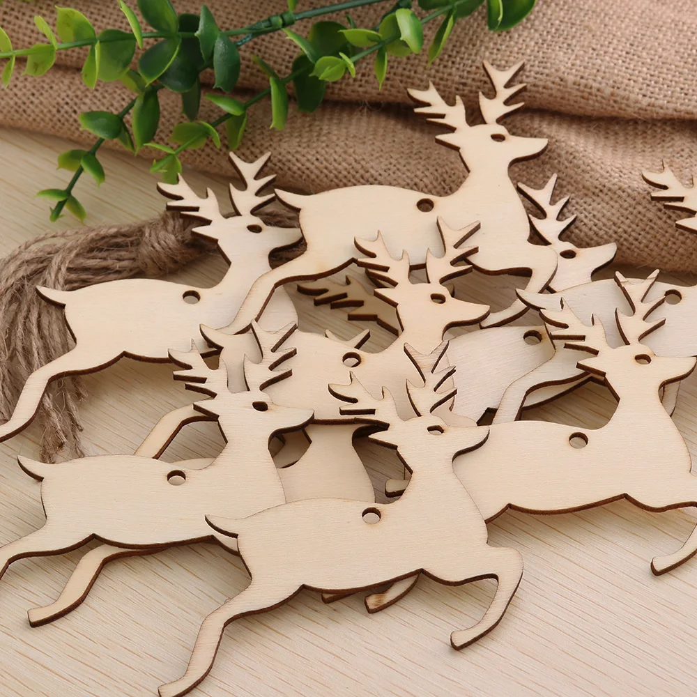 

10Pcs/Pack Christmas Tree Deer Snowman Angel Pattern Wood Ornament DIY Xmas Tree Hanging Strips Card Festival Decor