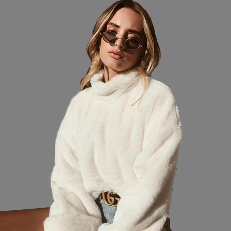 White Soft Plush Sweatshirt Women Long Sleeve Turtleneck