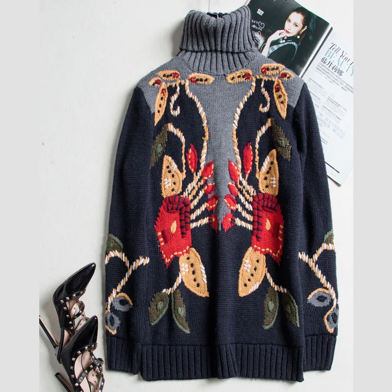 Autumn Winter Retro National Style Women Heavy Industry Embroidery Three-dimensional Plate Flower Turtle Neck Sweater Women Autumn Winter Retro National Style Women Heavy Industry Embroidery Three-dimensional Plate Flower Turtle Neck Sweater Women
