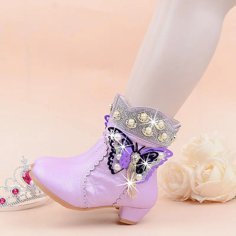 

2018 Girls Rhinestone, Glitter High-Heeled Snow Boots with Butterfly & Plush, Mid-Calf, Princess PU Leather Winter Party shoes