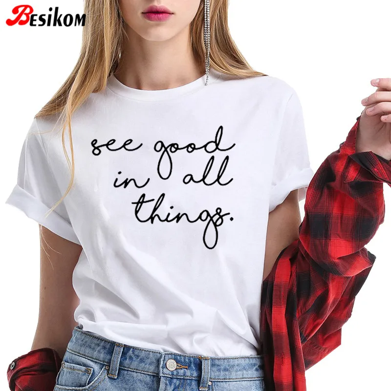 

Besikom Fashion Brand Women T-shirt Short Sleeve Letter Printed Thin Loose Fit Summer Clothes Plus Size Fashion Tshirt Women