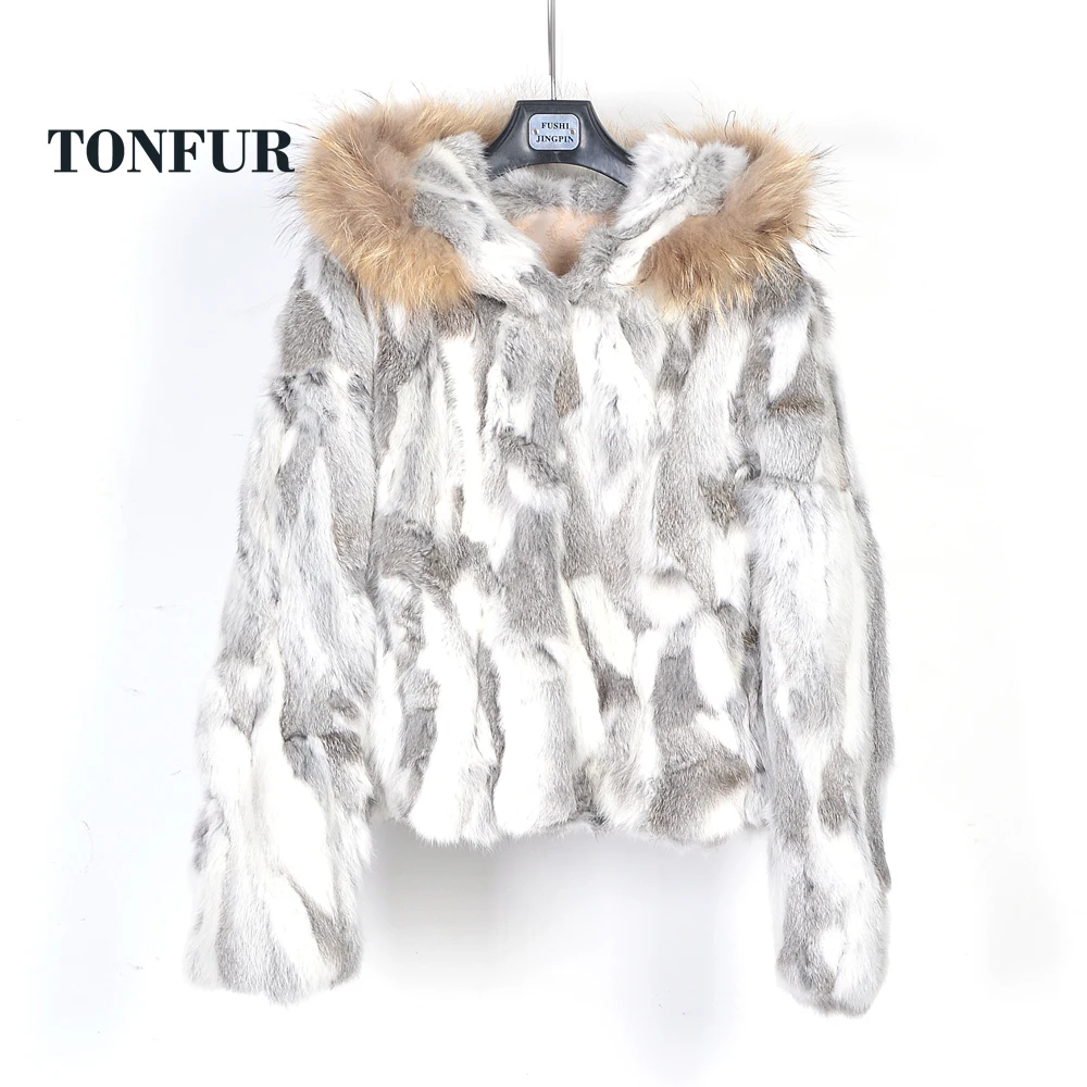 Real Fur Genuine Rabbit Fur Coat With Hood Jacket And Luxury Natural
