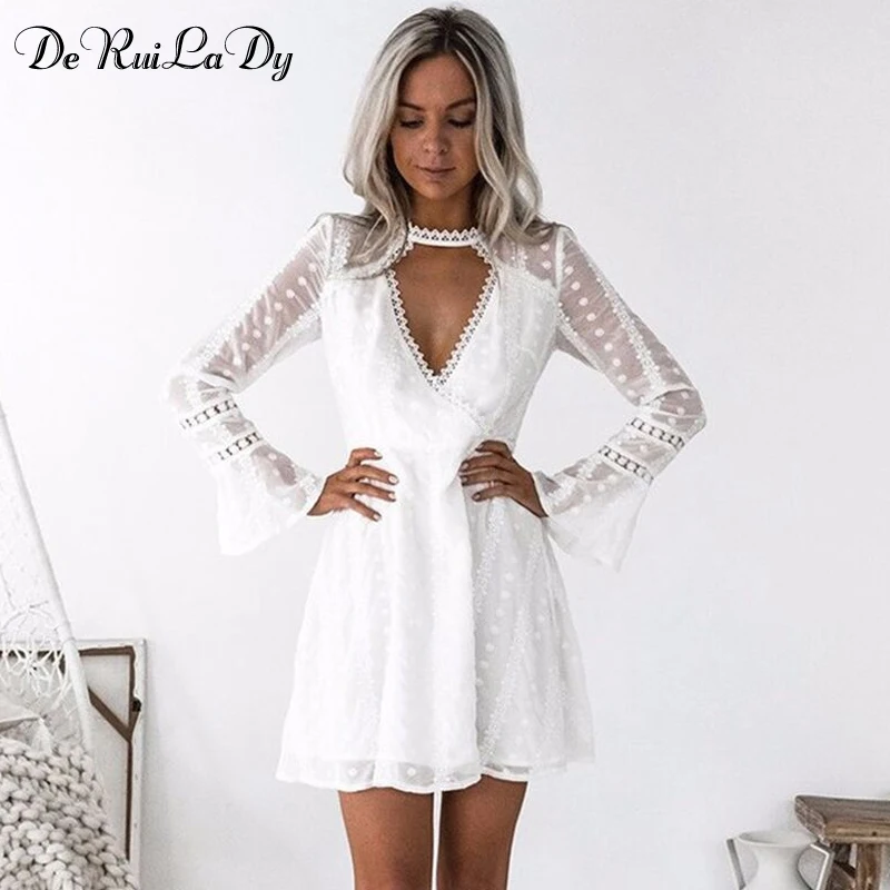 Chiffon Dress with Lace Insert and Flared Sleeves