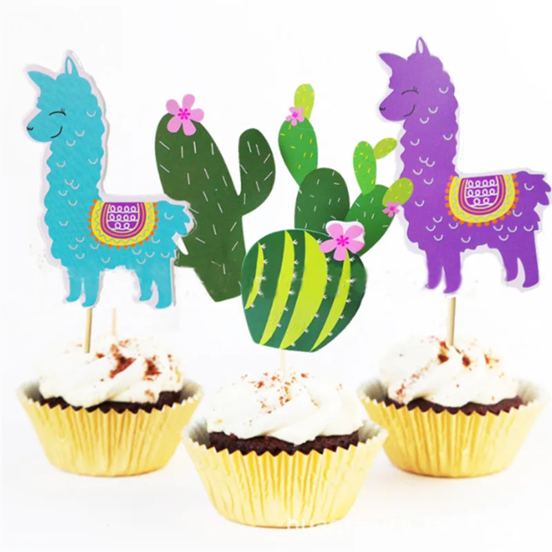 

4pcs Tropical Cactus Jungle Alpaca Llamas Cake Topper Cupcake Toppers Birthday Cake Decoration Summer Wedding Party Supplies