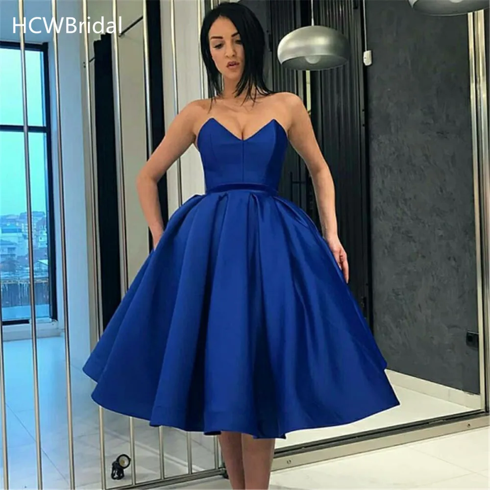 2019 New Royal Blue Short Prom Dresses Puffy Satin Knee Length