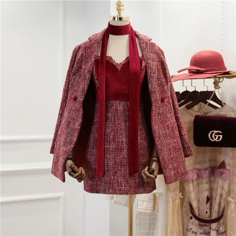 

Fashion Dress Set Women 2018 Spring Winter New Temperament Sling Velvet Stitching Wool Dress + Woolen Jacket Suit Ladies