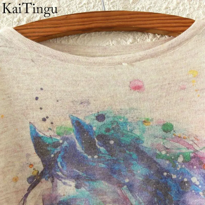 KaiTingu 2015 New Fashion Autumn Winter Clothing Women Sweater And Pullover Long Batwing Sleeve Jumper Knitwear Horse Print