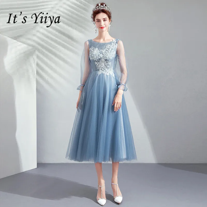 

It's YiiYa Prom Gowns Blue O-neck Full Sleeves A-Line Tea-Length Party Dress Stylish Custom Plus Size Prom Dresses 2019 E251