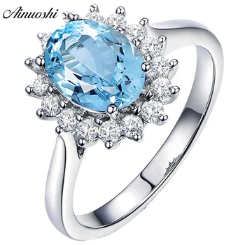 

AINUOSHI 2ct Oval Cut Sky Blue Topaz Halo Ring Pure 925 Silver Natural Topaz Sunflower Ring Trendy Woman Engagement Wedding Ring