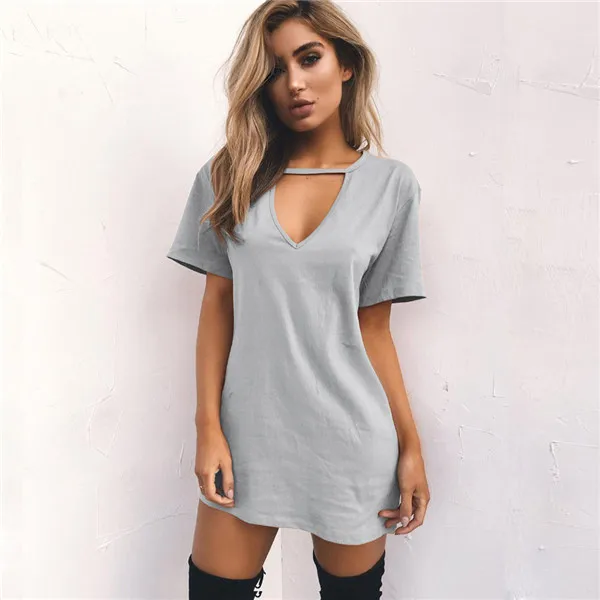 Rogi t-shirt Vestidos, летнее платье-футболка с v-образным вырезом, женские вечерние платья с коротким рукавом, женские белые и черные платья, топы, женская одежда 3XL - Цвет: Gray