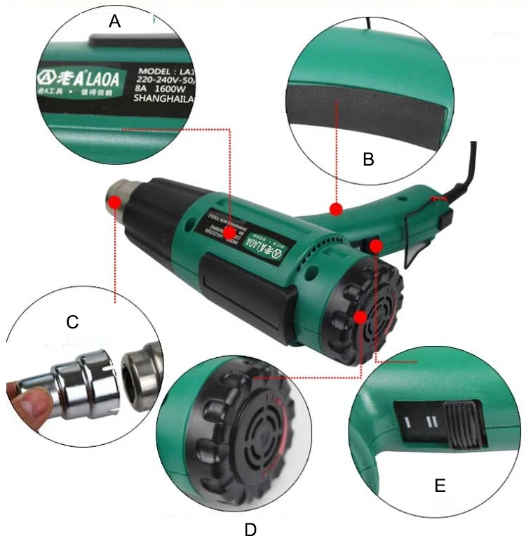 LAOA 1600 Вт горячий воздушный пистолет длительный срок службы температура регулируемая тепловая пушка/горячий пистолет Тепловая пушка клей