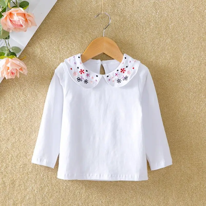 Школьная футболка для девочек; хлопковая футболка с длинными рукавами и цветочной вышивкой; блузка для маленьких девочек; рубашки; белые топы для детей; одежда