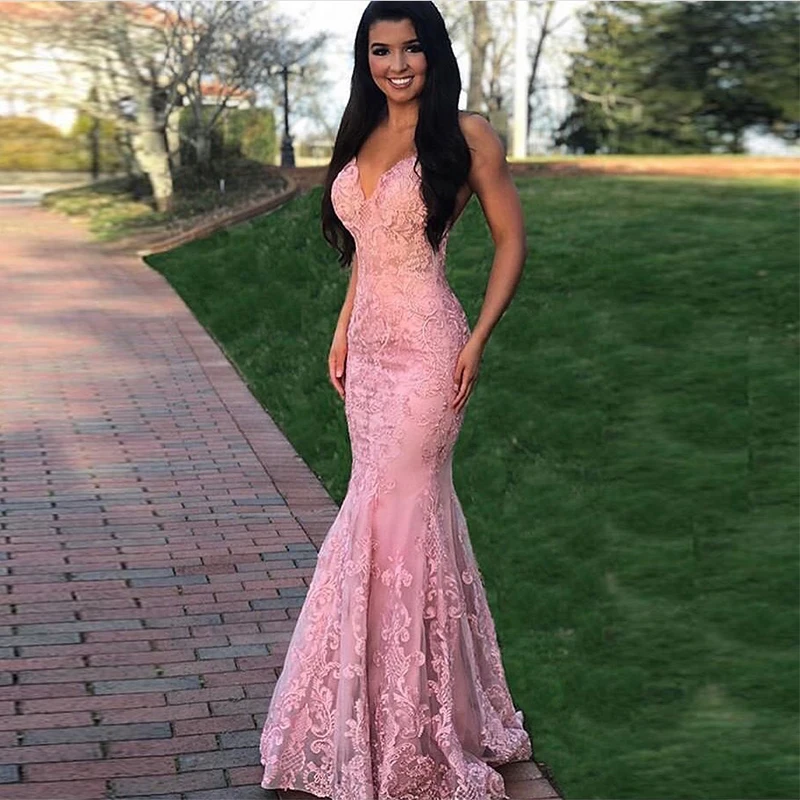 

Sexy Mermaid Long Prom Dresses V-neck Pink Appliques Sweet 16 2019 Formal Party Dress Full Length Vestidos Formal Prom Gowns