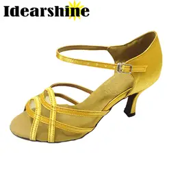 2017 брендовая Желтая атласная танцевальная обувь для латинских танцев, женская обувь для компаньонов, вечерние для сальсы, Обувь для