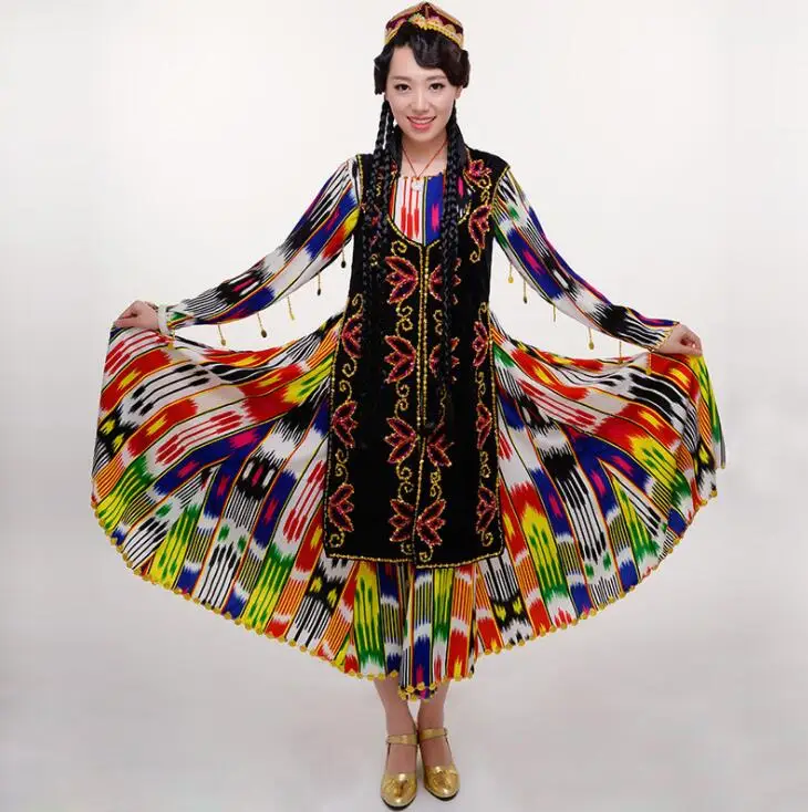 

Women National Dance Costume Xinjiang Dancing Costumes Uygur New Female Eddie Rice Silk Dress