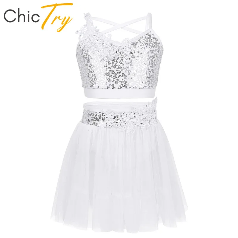 

ChicTry Child Lyrical Dance Costumes Sequins Crop Tops Gymnastics Leotard Tutu Ballet Skirt Set Kids Girls Figure Skating Dress