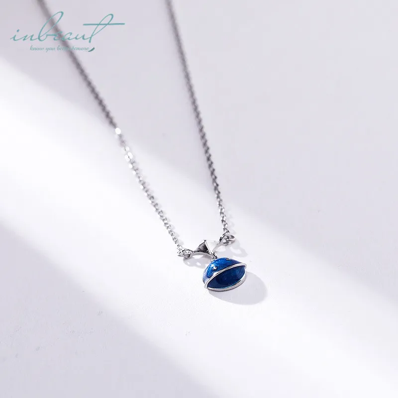 

inbeaut Silver Blue Planet Pendant Necklace 925 Enamel Universal Star Beads Necklace Chain for Women Party Jewelry Teen Girls