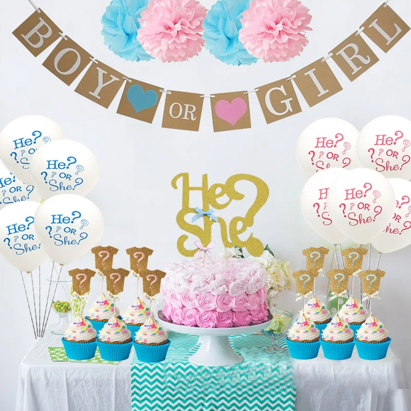 Chicinlife 1set Boy Or Girl Banner She Or He Balloon Cupcake Topper Pompom Baby Shower Birthday Party Gender Reveal Supplies Banners Streamers Confetti Aliexpress