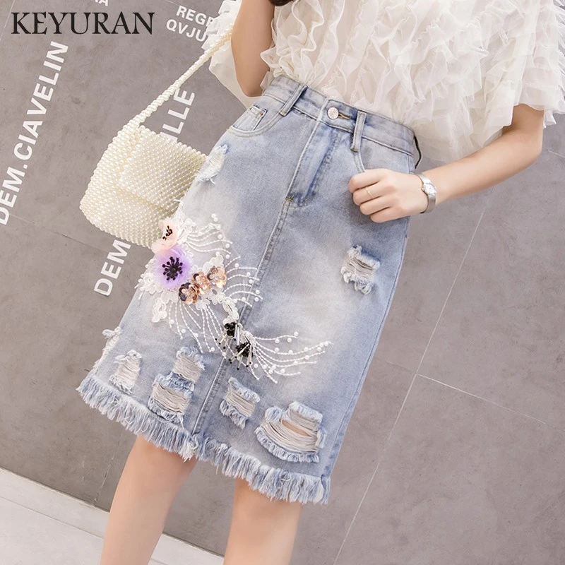 pearl denim skirt