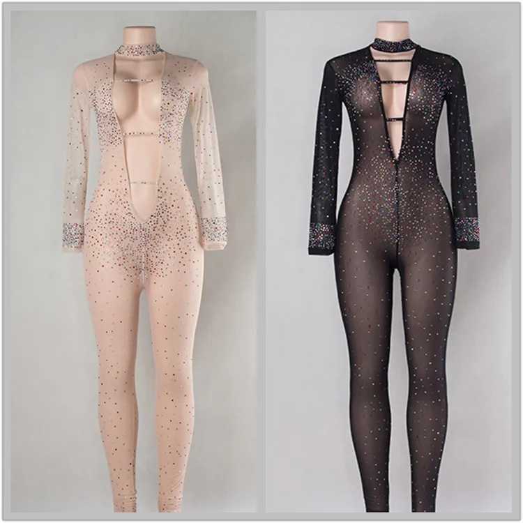 

Sexy Ballroom Hollow Out Rhinestone Bling Beading Sequined Long Sleeve Skinny Choker Jumpsuits Nude Mesh Rompers Club Overall