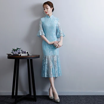 

2018 Novelty Long Cheongsam Chinese style Dress Womens Summer Lace Qipao Slim Party Dresses Lady Button Vestido Size S-XXL