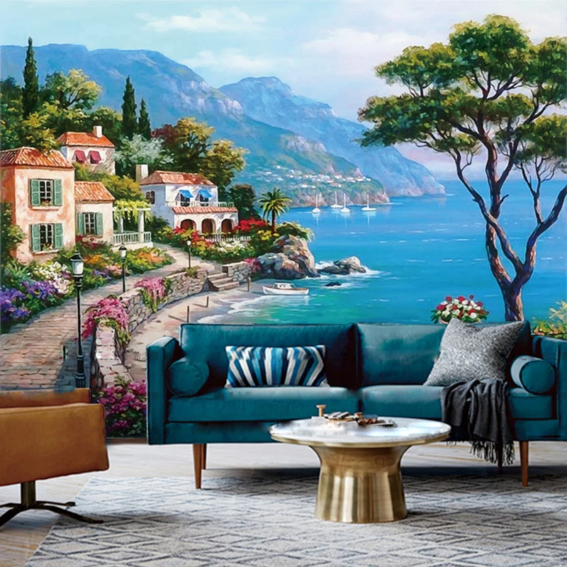 

Custom 3D Wall Cloth Mediterranean Seaside Garden Landscape Oil Painting Background Wall Murals Wallpaper For Walls 3 D Frescoes