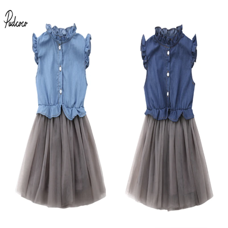 Toddler Kids Baby Girls Denim Dress Sleeveless Princess Tutu Tulle Dress Sundress Fashion