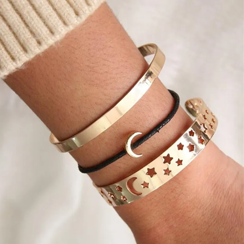 

DIEZI Vintage Gold Silver Cuff Bangles Bracelet Sets For Women Black Rope Chain Moon Star Bracelets Jewelry Christmas Gift