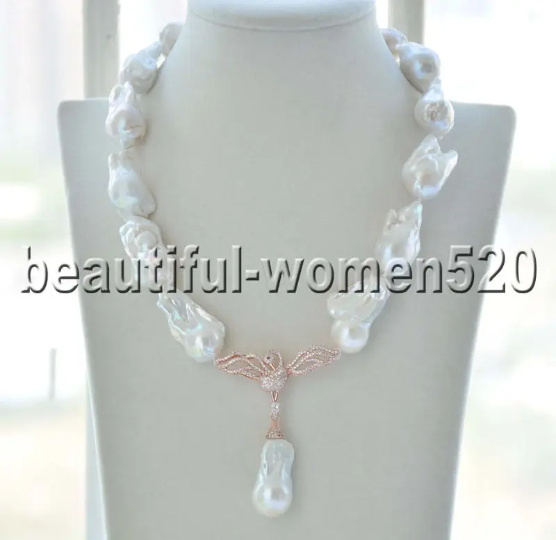 

Z7861 32mm White Baroque KESHI REBORN Pearl Necklace Luck Bird Pendant 17inch