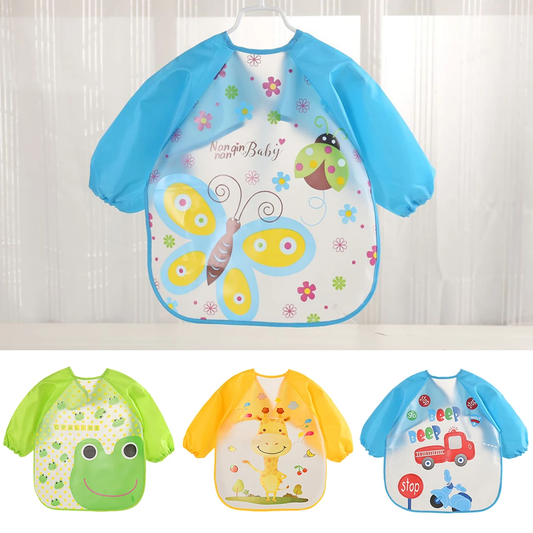 Baby Apron Cartoon Design Long Sleeve Waterproof Baby Feeding Bib Toddler Apron For Baby Toddlers