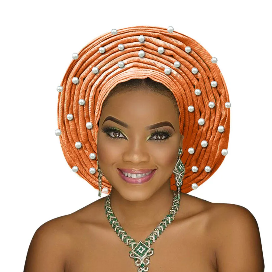 Aso oke головной убор с бисером aso oke нигерийский головной убор Африканский Авто геле aso ebi женский тюрбан красивый головной убор для свадьбы - Цвет: orange