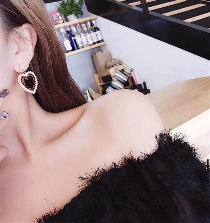 XIAO YOUNG Fashion Heart Drop Earrings Jewelry For Women New Trendy Simulated Pearl Rhinestone Wedding Long Earrings Gift