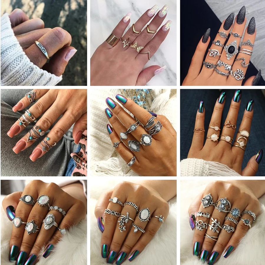 

docona Antique Silver Carved Geometric Rings Set for Women Letter Hand Flower Knuckle Midi Rings Set Bohemian Jewelry