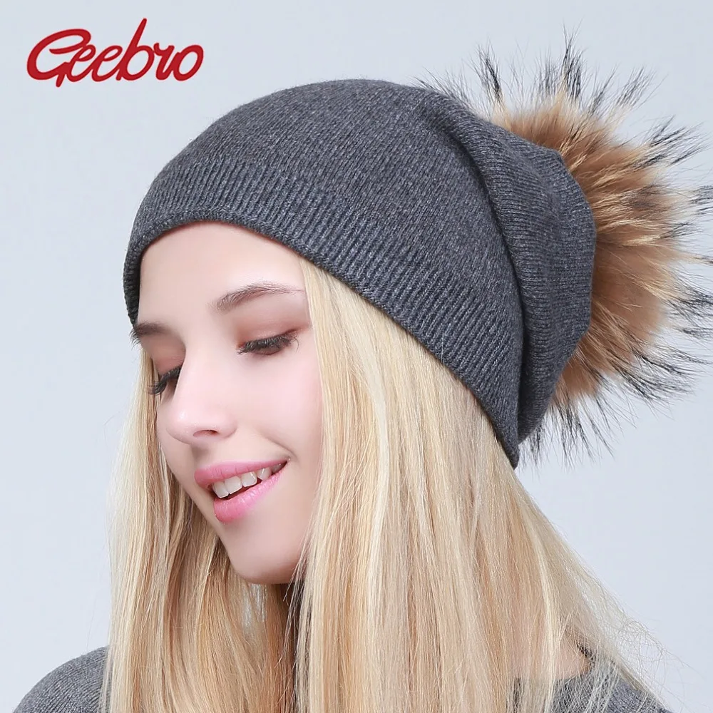 

Geebro Women's Knitted Cashmere Beanies Hat Winter Knitting Warm Wool Skullies Beanies with Raccoon Fur Pompom Ladies Solid Cap