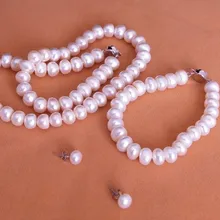 Горячая образец настоящего пресноводного белого цвета жемчужный ювелирный набор, модное ожерелье браслет серьги набор для красивой невесты Шарм женщин