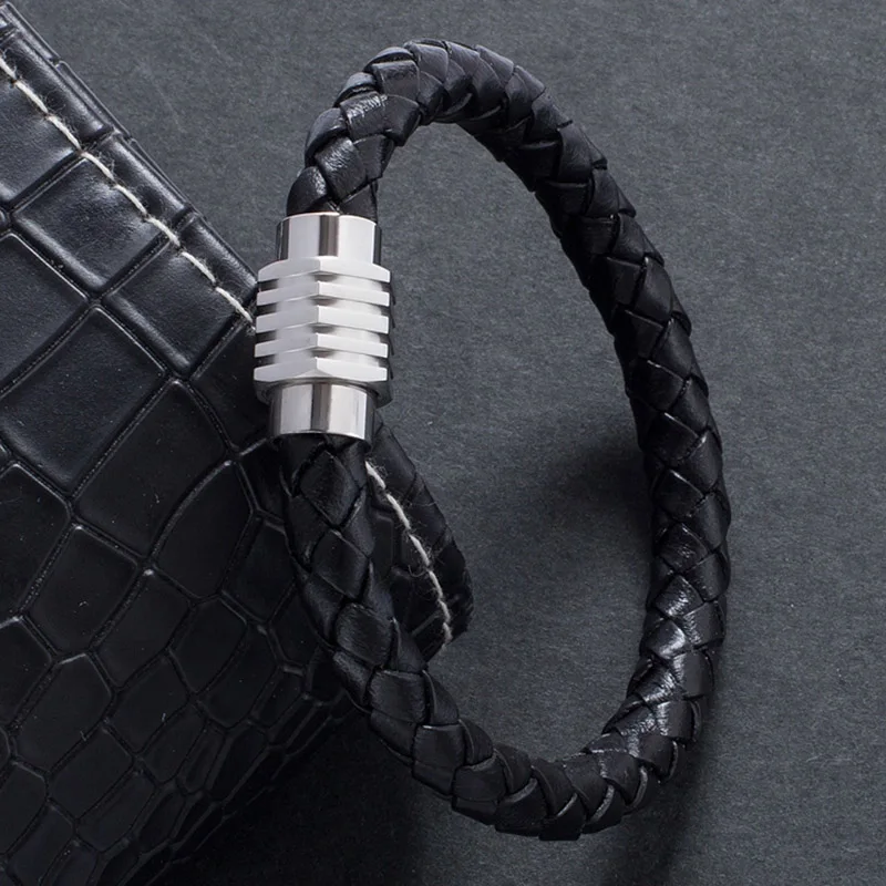 

Fashion Mens Bracelet Black Braided Leather Bracelets for Men Stainless Steel Magnetic Clasp Wholesale Jewelry Pulseras PW734